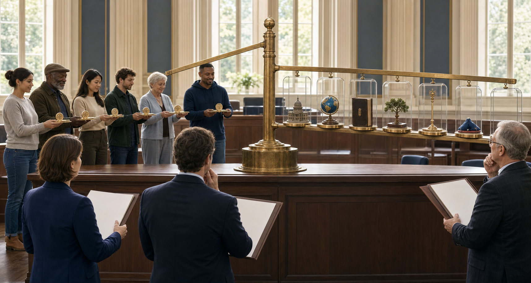 Policy reviewers examine identical public-benefit tokens and varied ceremonial objects arranged along two perpendicular arms in a council chamber.