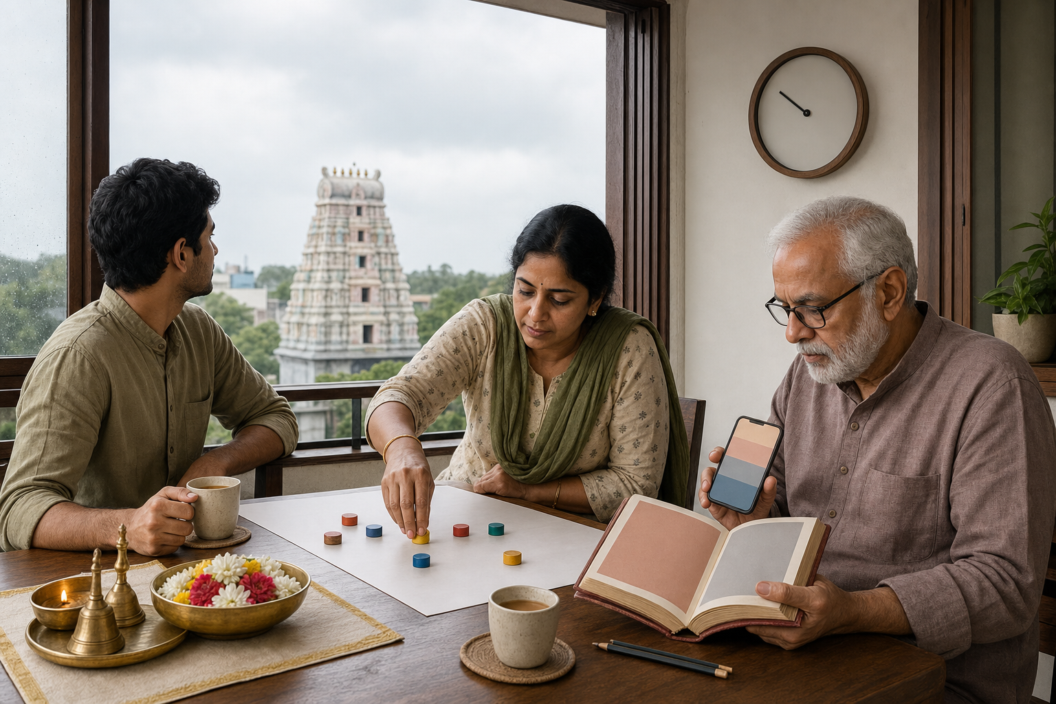 A multigenerational family uses an almanac, phone and blank planning sheet to organize observances near a neighborhood temple.