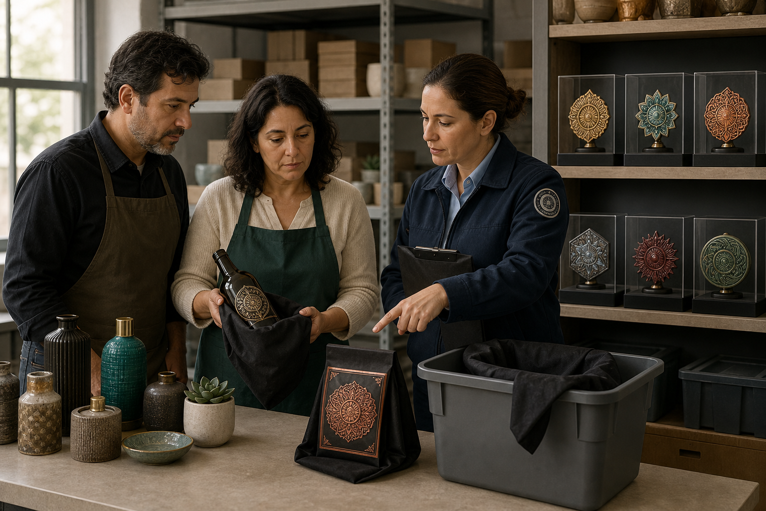 A licensing official and two shop owners review unbranded products while ornate ceremonial medallions are removed from commercial packaging.