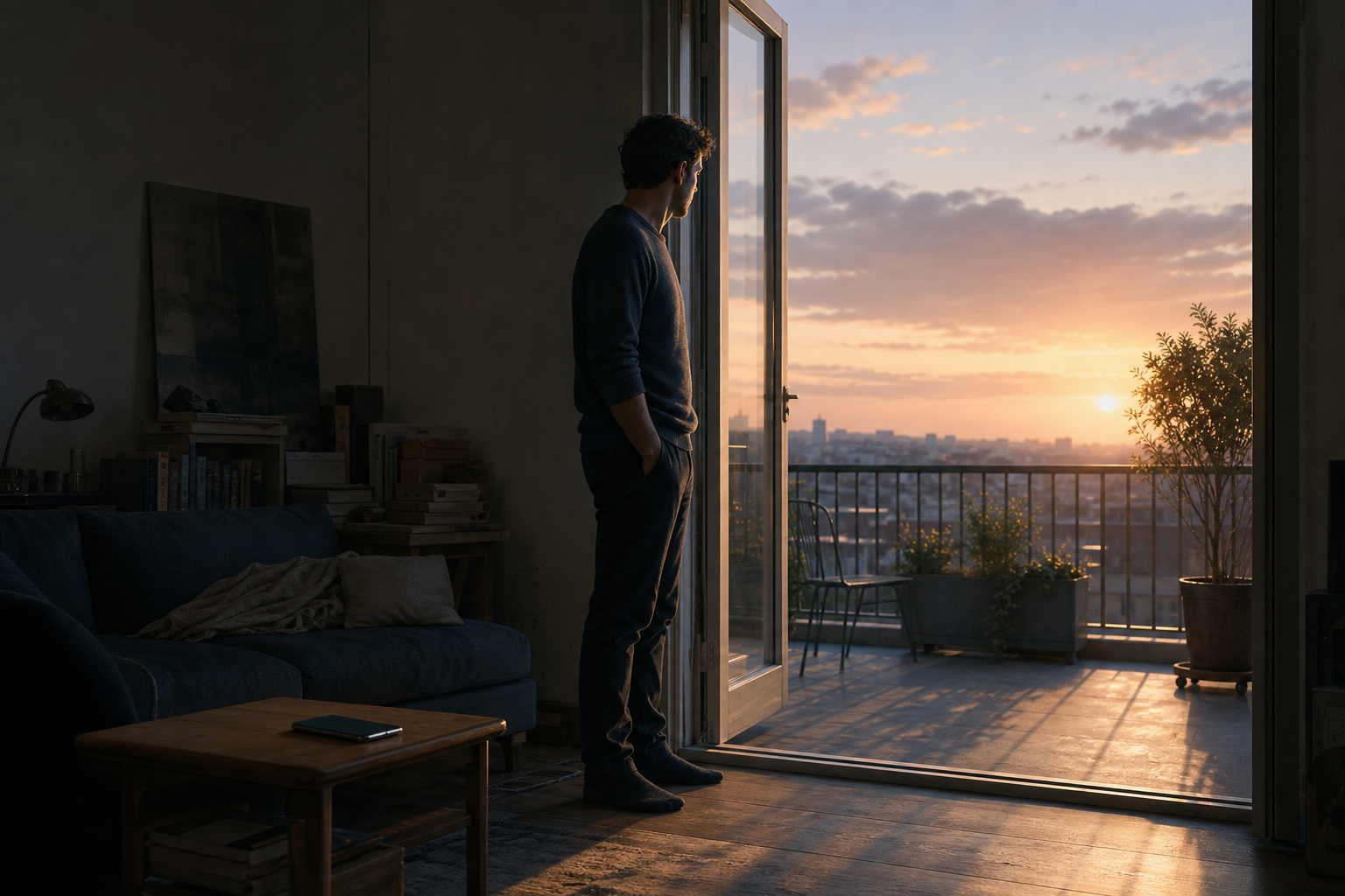 An adult stands hesitantly at an open balcony doorway at dawn, with a face-down phone on a table in the dim apartment behind them.