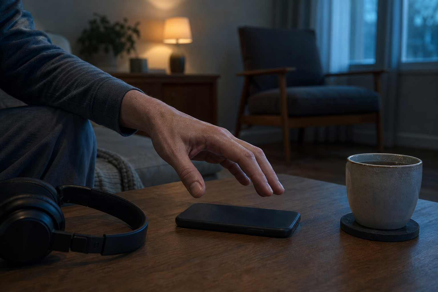 A hand pauses above a face-down smartphone beside a cold cup of tea, with headphones and an empty chair nearby.