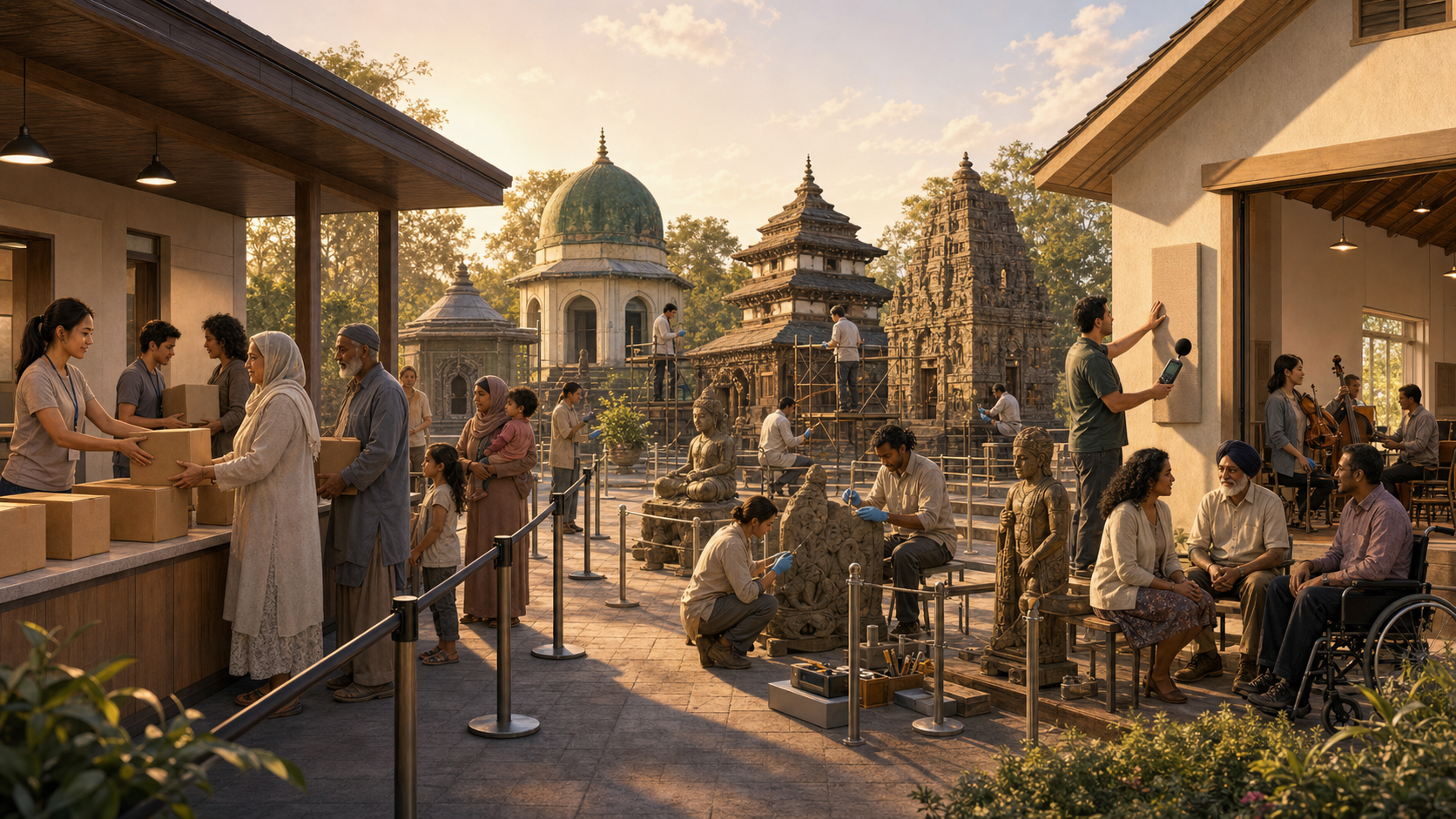 A panorama shows equal welfare distribution, conservation of several sacred heritage sites, and neighbors working with a technician on worship-hall noise.