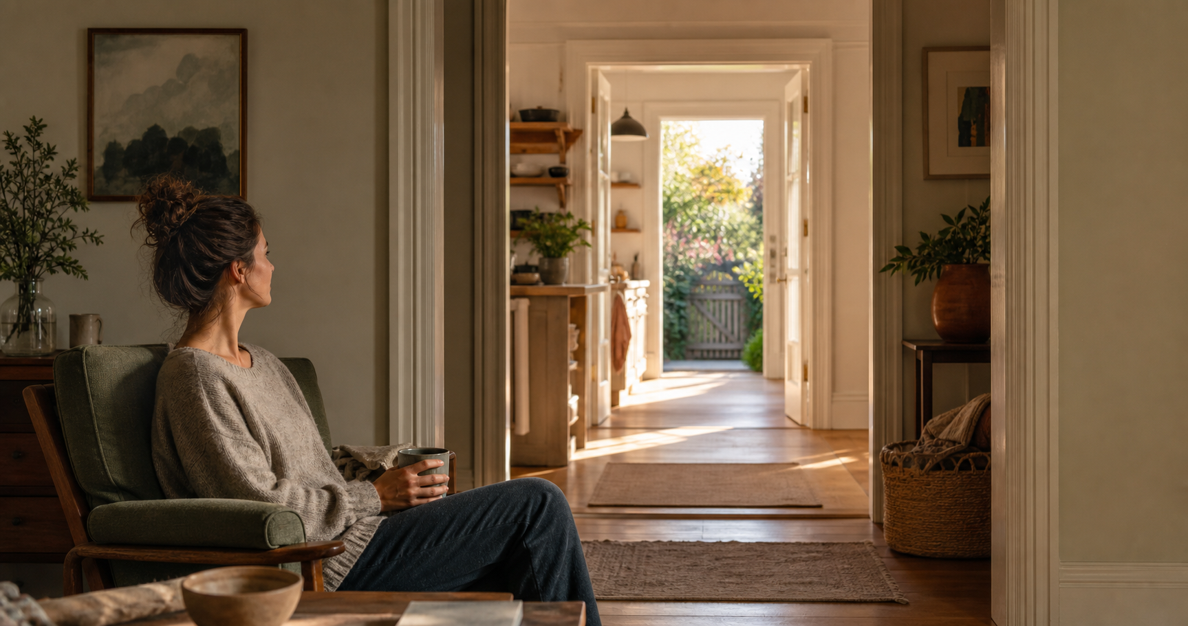 An adult sits in a quiet room while a series of open doorways leads through a sunlit home to a garden gate.