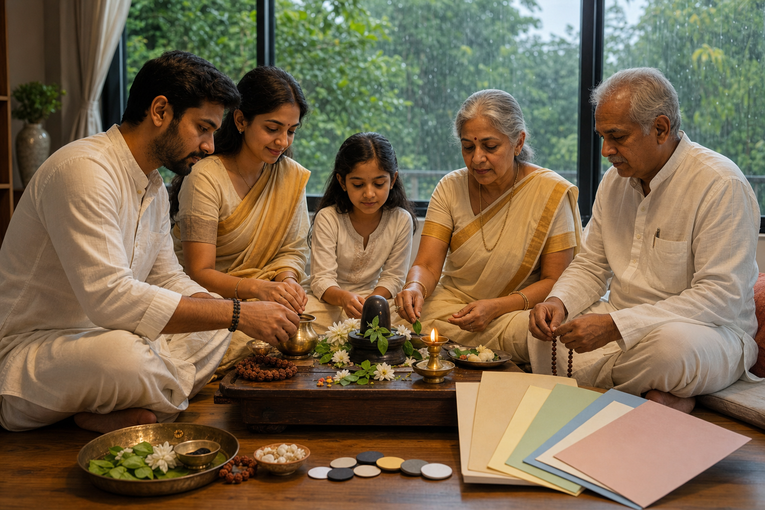 A multigenerational Indian family prepares a Shiva altar with a lingam, bilva leaves, flowers, brass vessels, and unmarked almanac pages beside a rain-filled window.