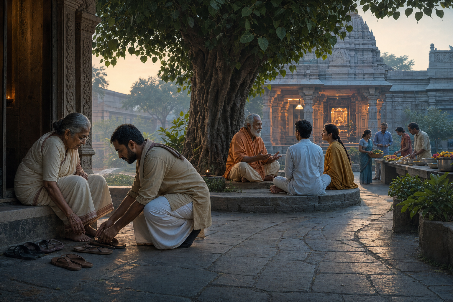 A practitioner helps an elderly visitor in a temple courtyard while a spiritual teacher guides students and community members prepare offerings and food nearby.