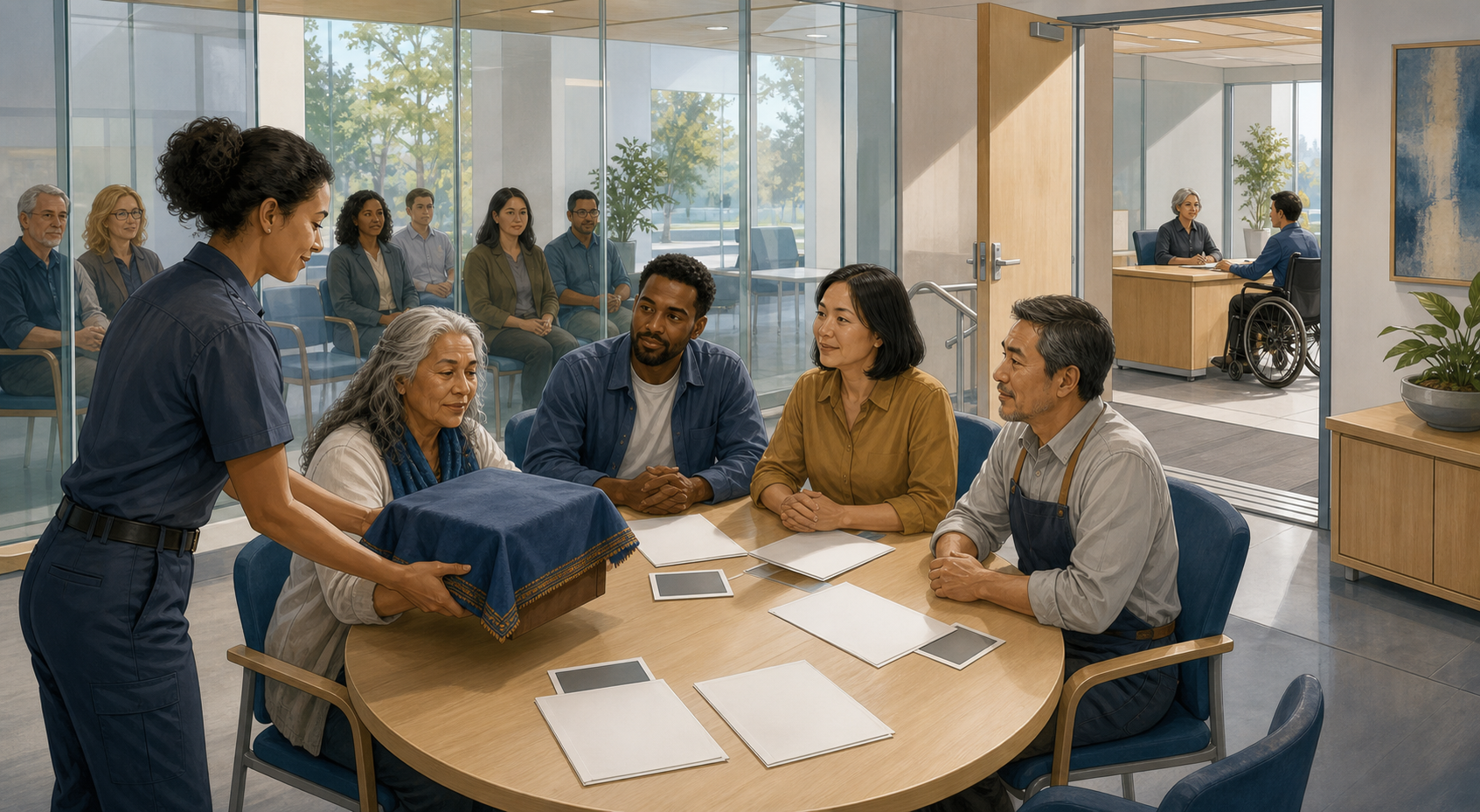 A civic mediation panel meets around a table as an inspector returns a ceremonial object and an open doorway leads to a second review desk.