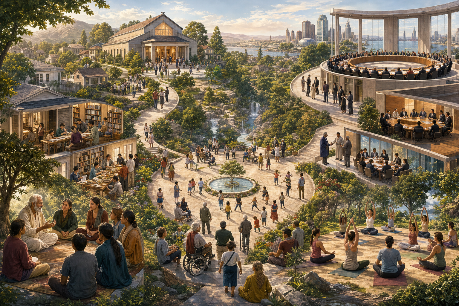Two visual pathways lead from small spiritual gatherings to a community center and an international public assembly.