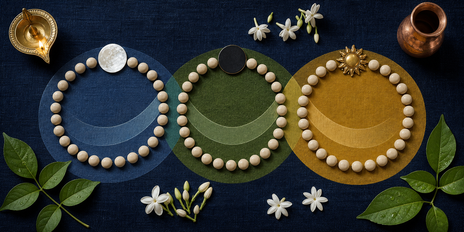 Two blank lunar calendars follow separate colored paths to different Shravan puja trays, illustrating parallel regional traditions.