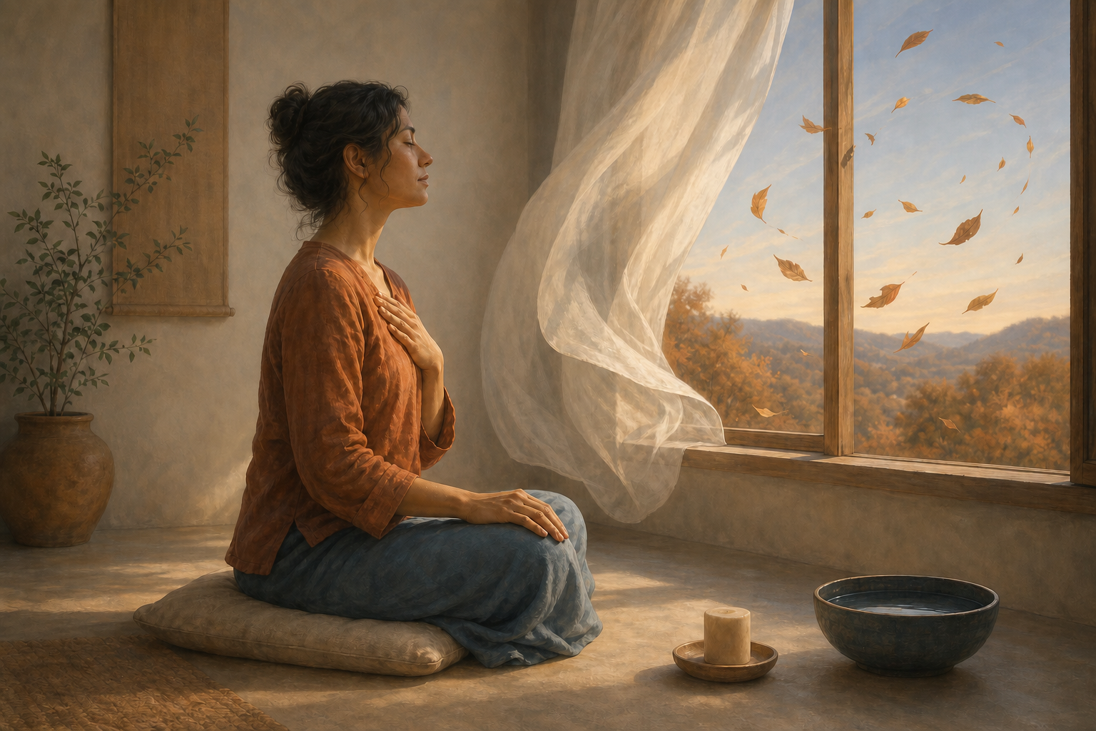 An adult sits upright on a cushion with one hand over their chest as a curtain moves beside an open window.