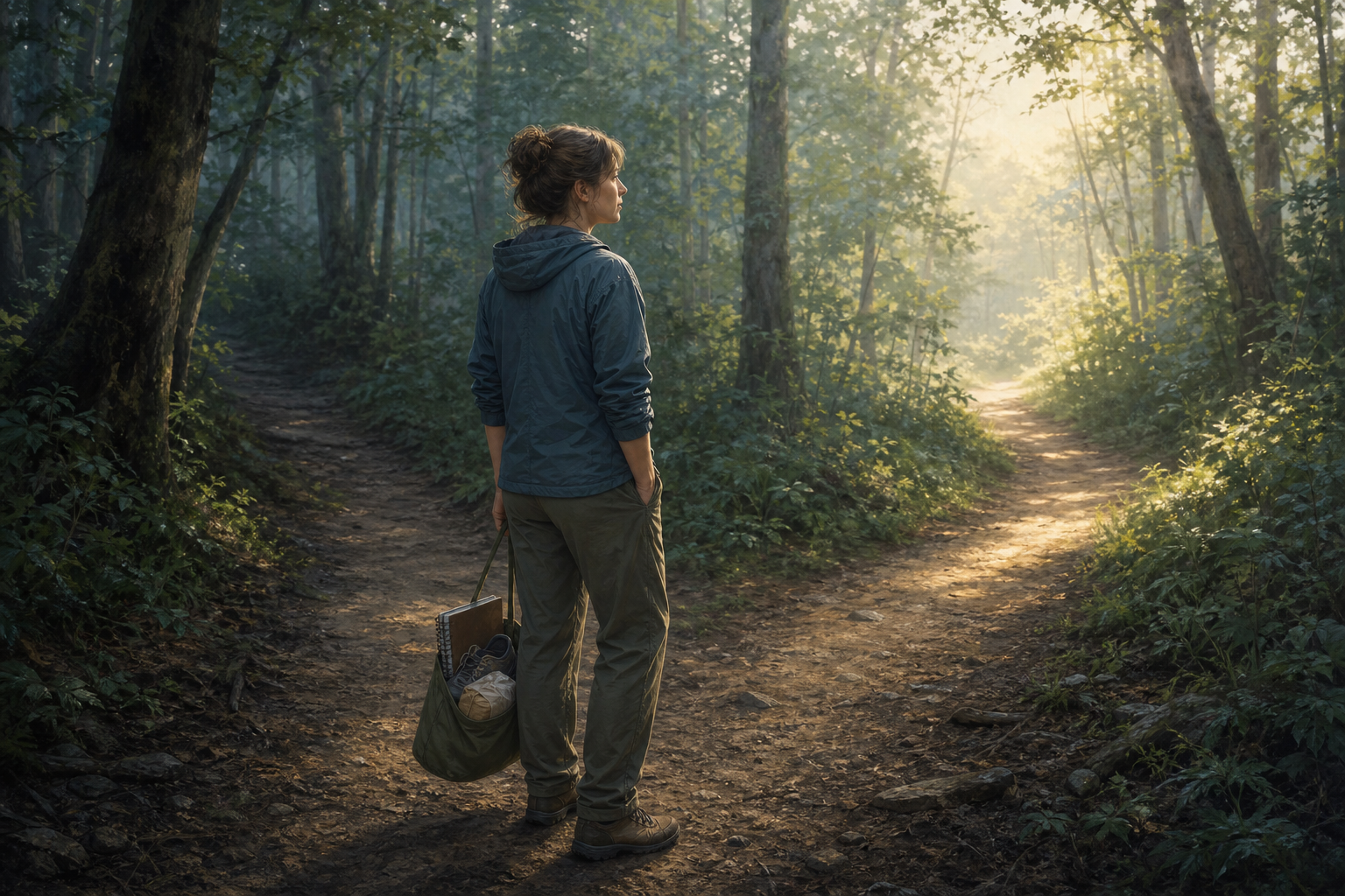 An adult pauses at a fork in a misty woodland path while carrying a bag with a sketchbook, shoes, and a wrapped meal.