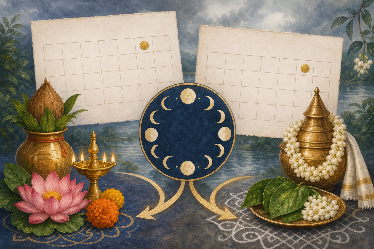 A lunar month symbol branches toward two regional puja settings beside offset blank calendars with separate Friday markers.