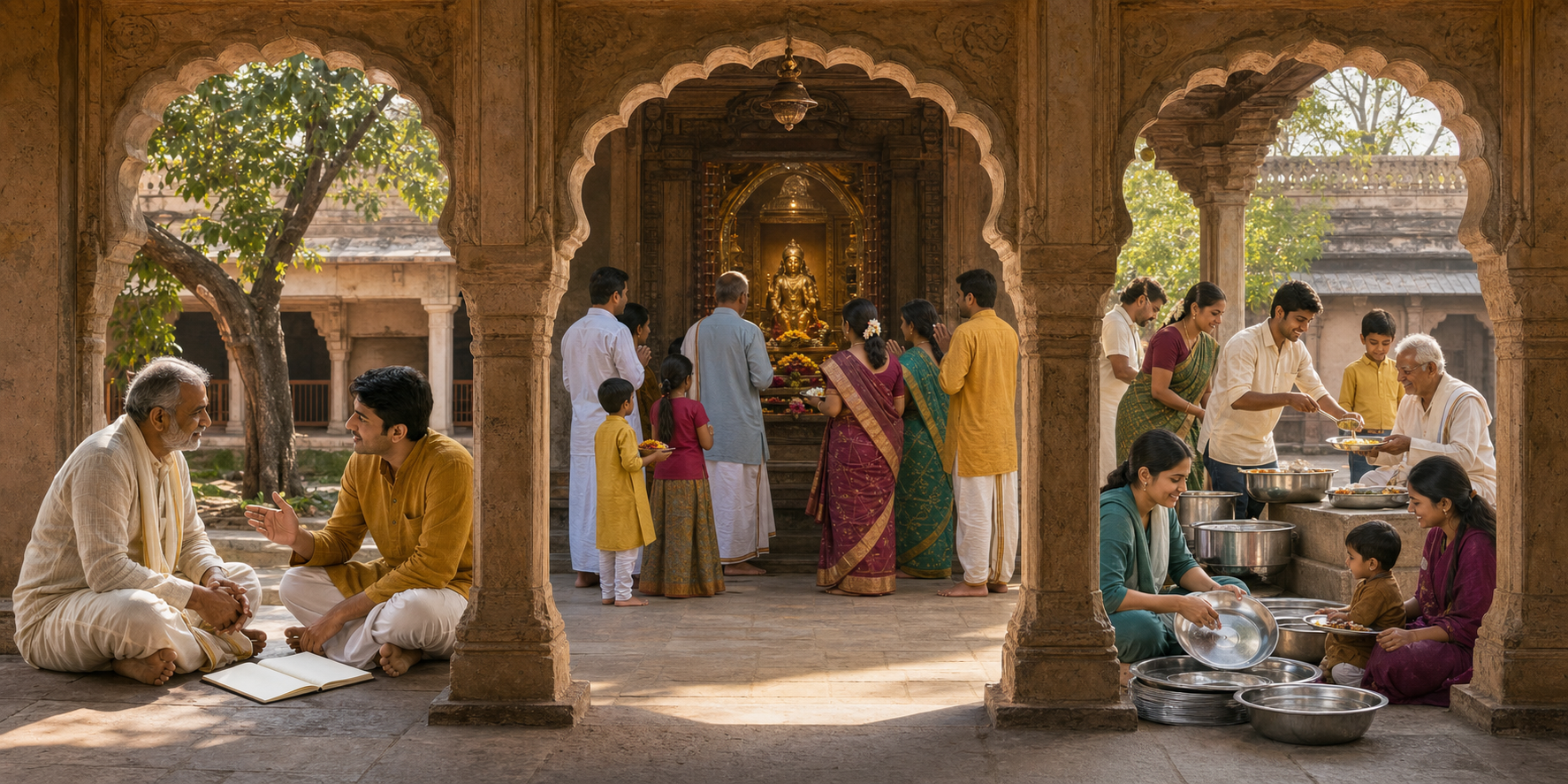 Three temple arches frame a teacher guiding a student, a congregation worshipping, and volunteers serving food.