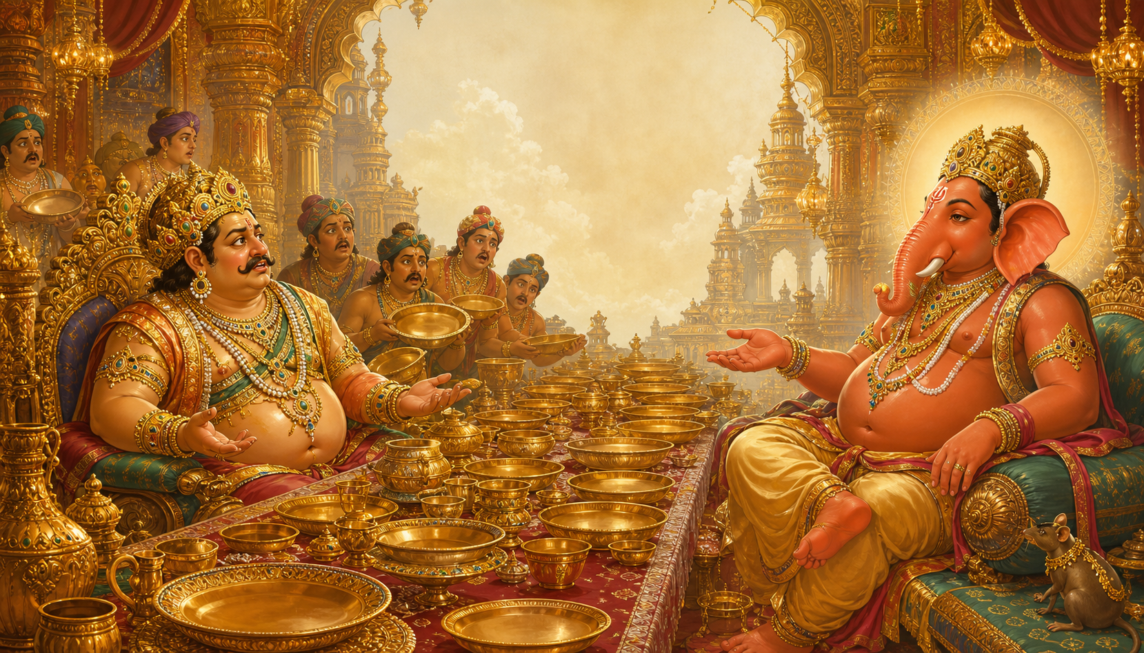 Ganesha sits calmly before empty feast platters while a worried Kubera looks across a lavish celestial banquet hall.