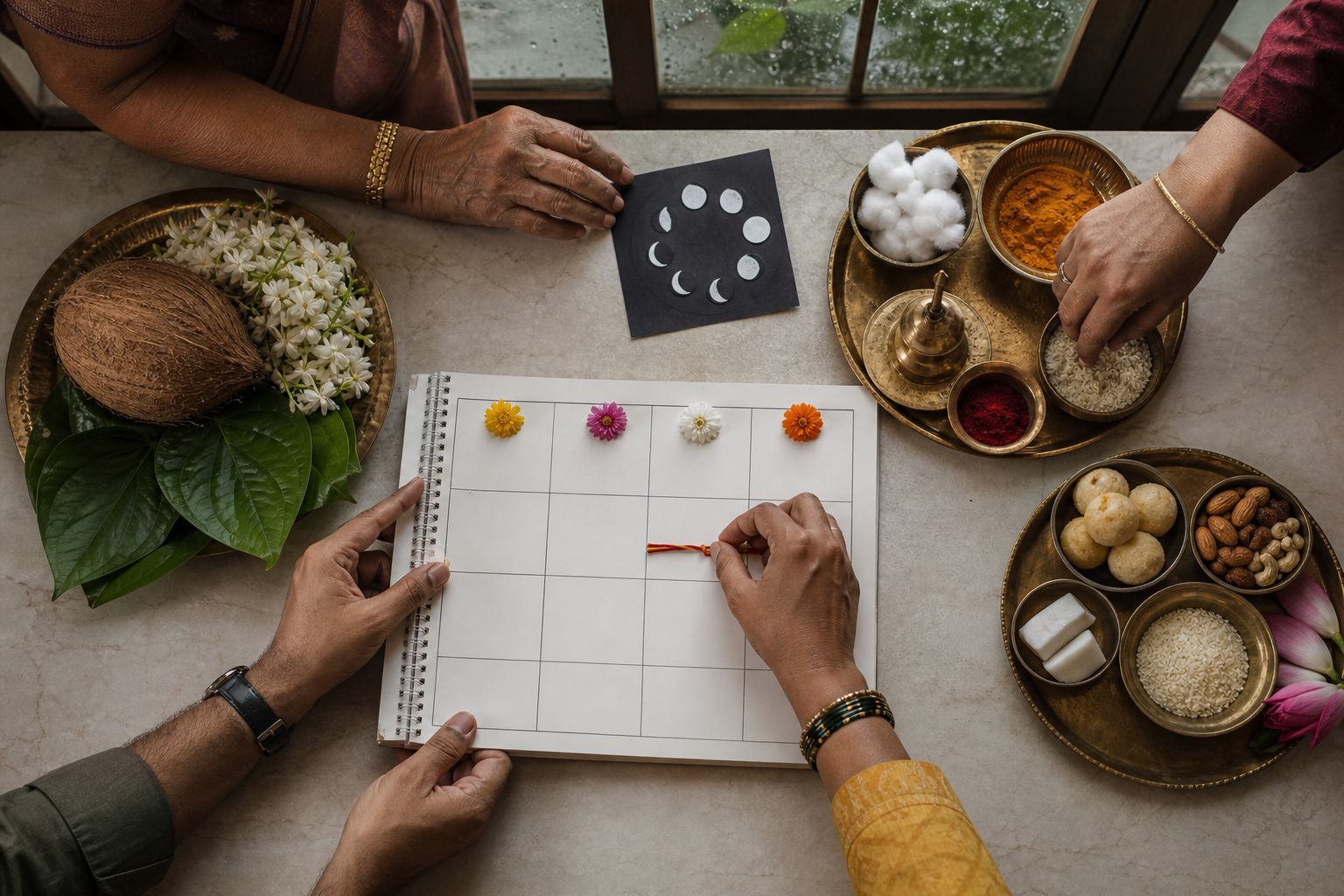 Family members organize a blank worship planner beside a prepared puja tray, flowers, rice, turmeric, betel leaves and a coconut.