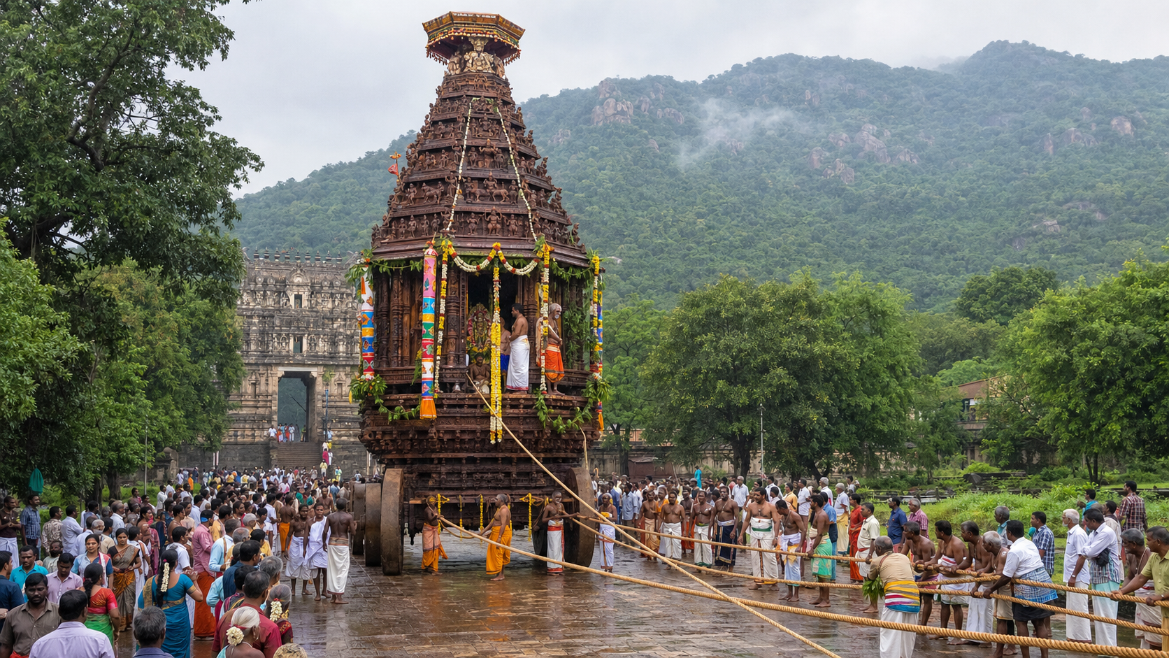 Devotees pull a decorated wooden temple chariot near Alagarkoil, with the temple gateway and green Alagar Hills in the background.