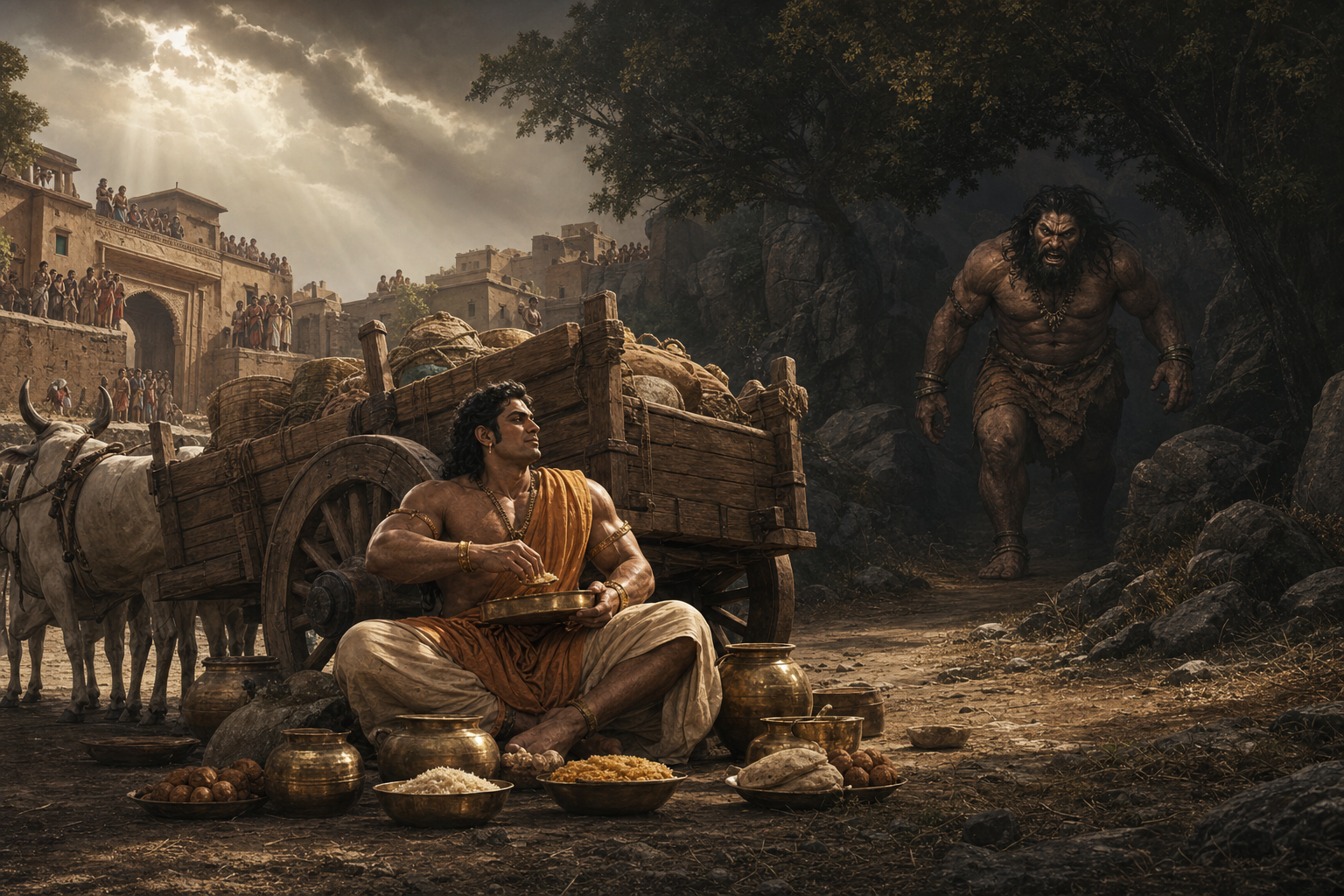 Bhima calmly eats beside a tribute cart as Baka approaches, with anxious villagers watching from the settlement behind him.