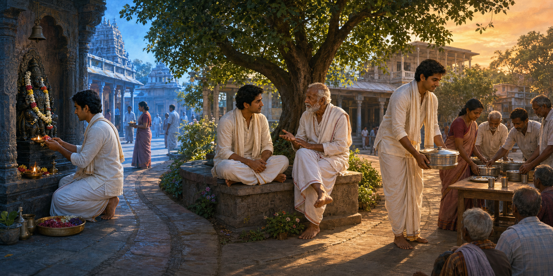 The same devotee worships in the morning, meets a teacher in the afternoon, and helps serve food in the evening.