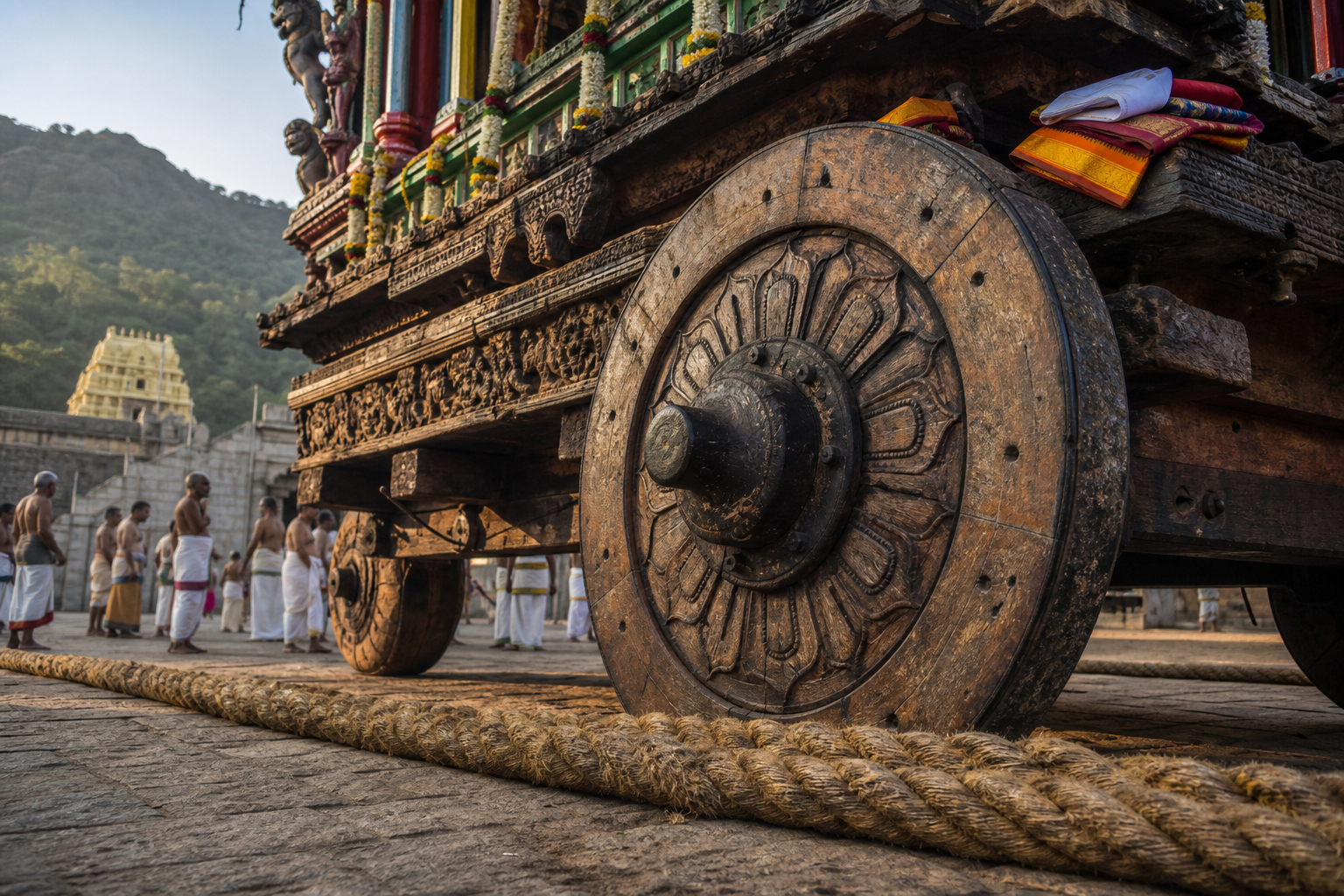 A carved wooden wheel and thick pulling rope of a Tamil temple chariot stand on the stone approach at Alagarkoil.