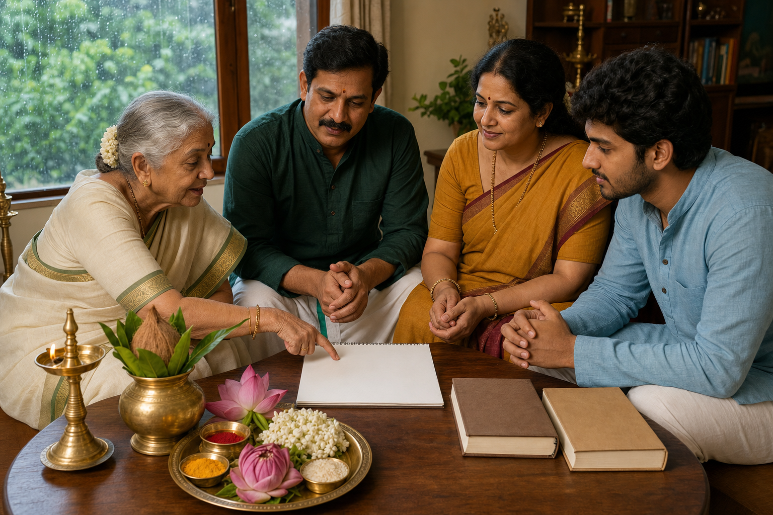 A multigenerational family discusses two unlabeled almanacs while one blank household calendar and a Shravan puja set rest at the center of the table.
