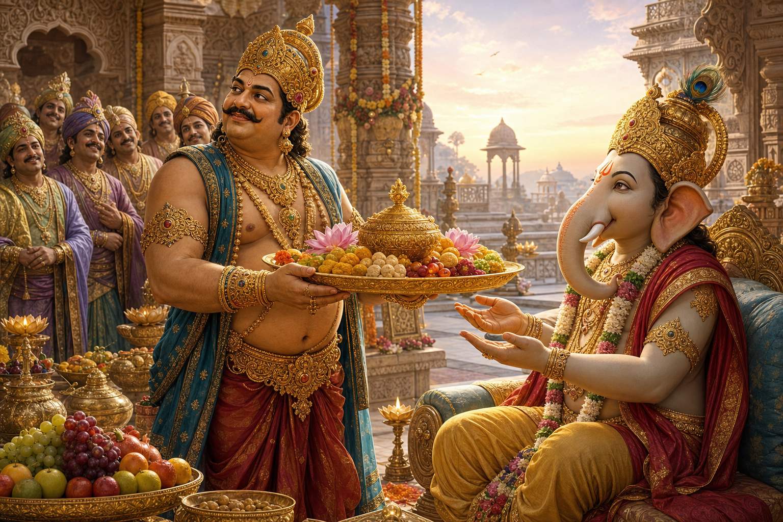 Kubera offers Ganesha a golden platter while looking toward admiring courtiers in a decorated palace courtyard.