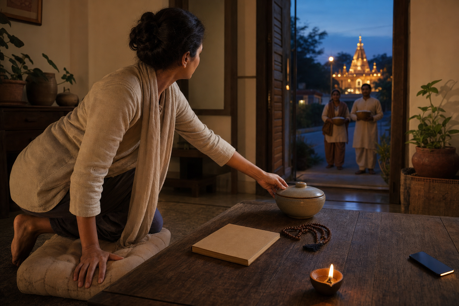 A person rises beside prayer beads and a face-down phone to carry a bowl toward volunteers waiting outside.