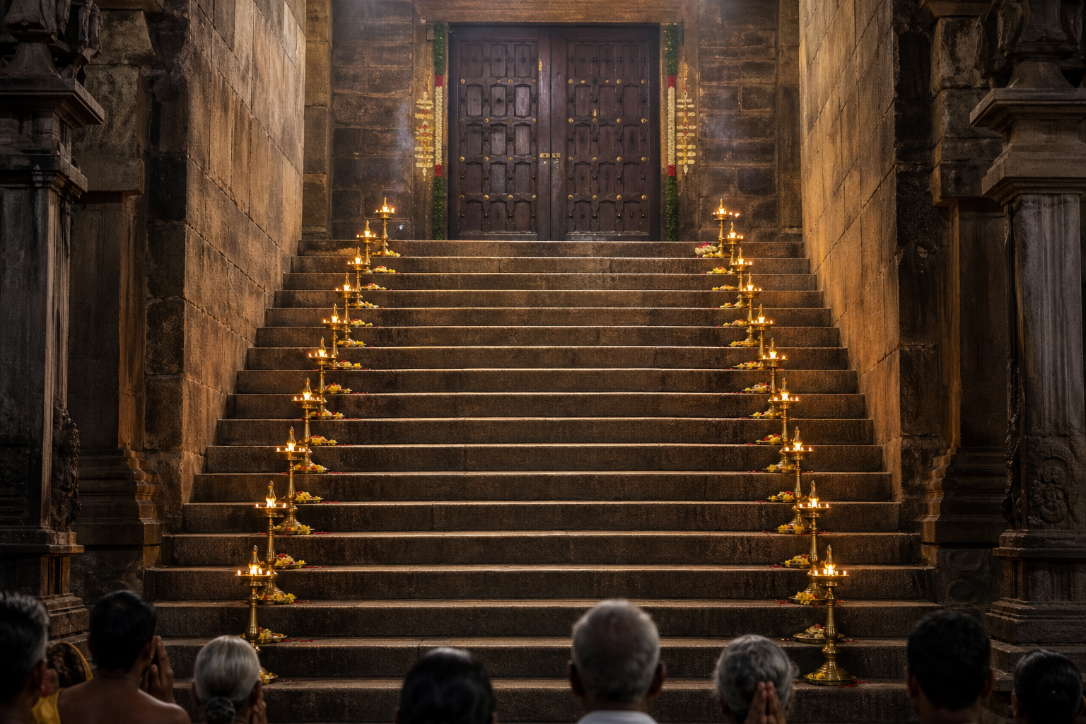 Eighteen stone steps lead to closed wooden doors lit by brass oil lamps as devotees pray from below.