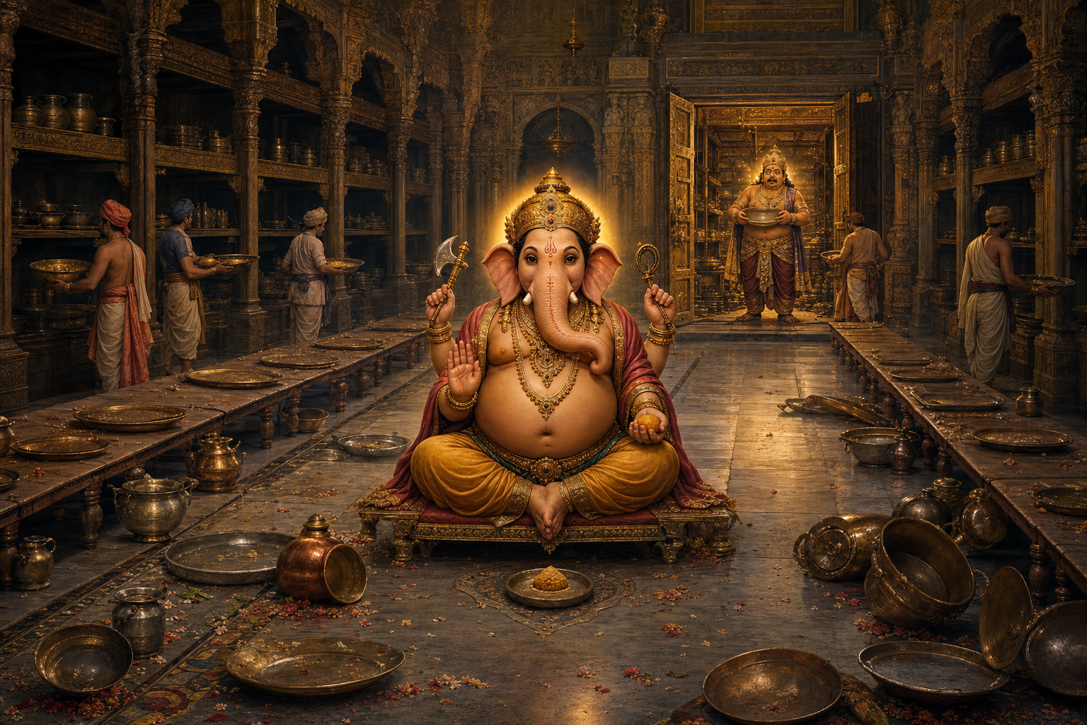 Ganesha waits serenely in a feast hall as attendants show empty vessels and Kubera holds an empty bowl beside a depleted treasury.