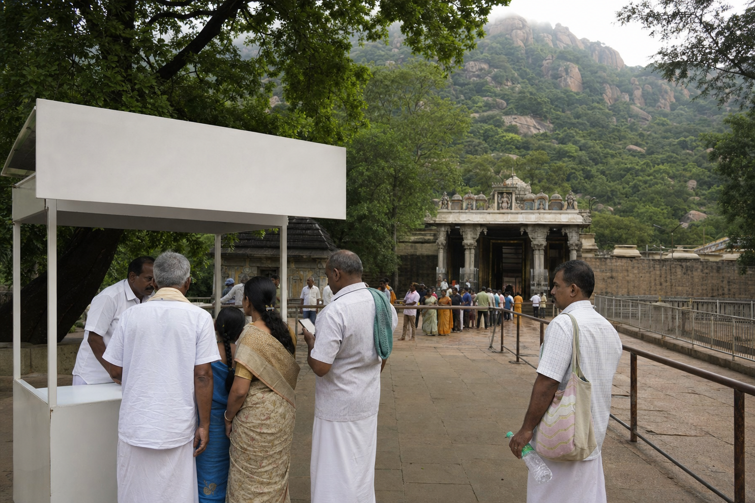 Pilgrims ask temple attendants for information before joining an orderly festival queue outside Alagarkoil.