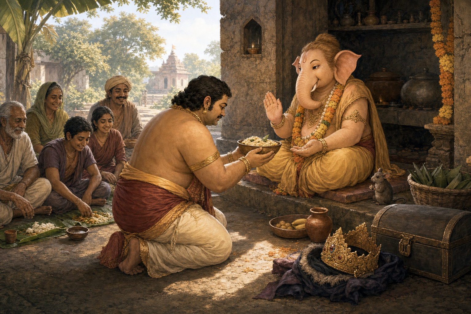 A humbled Kubera kneels and offers Ganesha a simple bowl while people nearby share a meal on leaf plates.