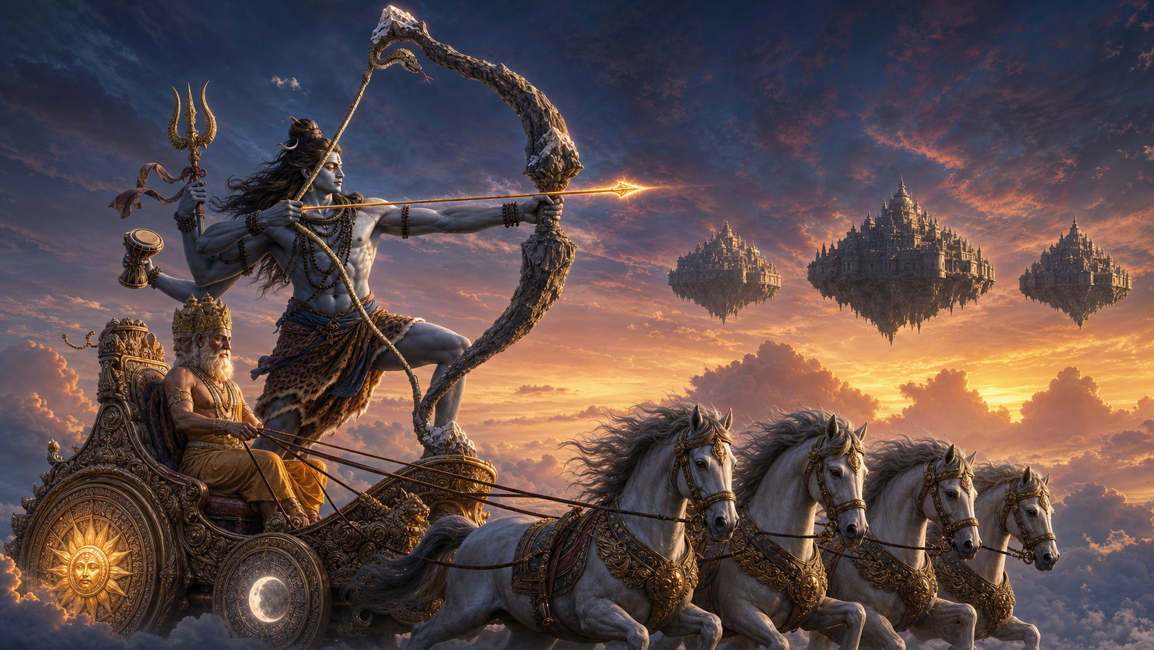 Tripurantaka Shiva draws a bow from a cosmic chariot as Brahma guides four horses toward three fortified cities in the sky.