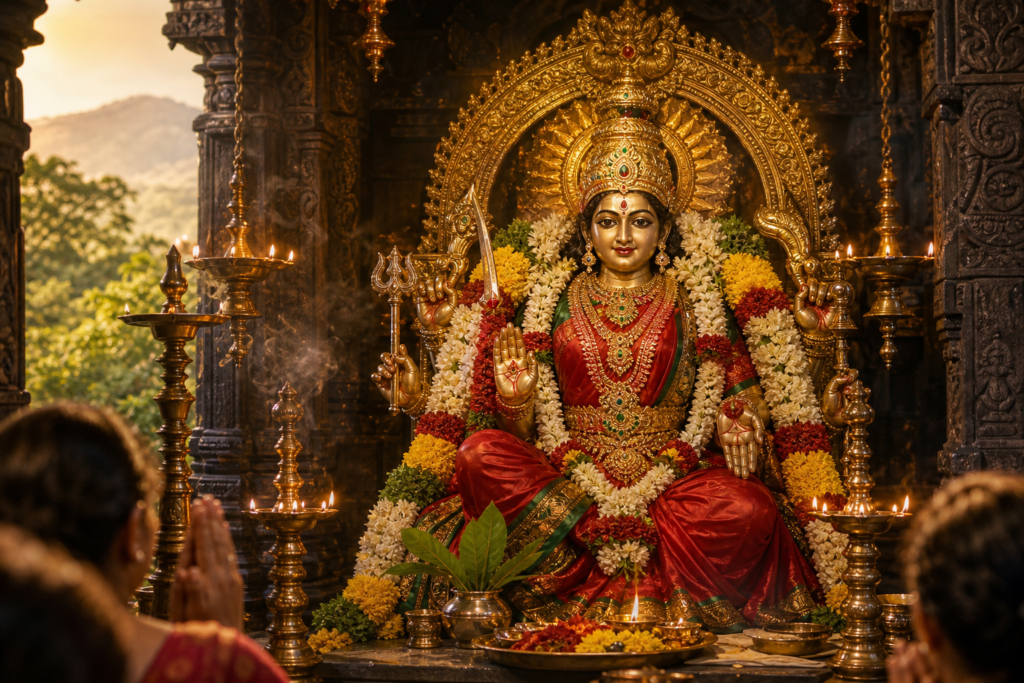 Bannari Amman-inspired goddess idol in a South Indian temple sanctum with brass lamps, flower garlands, and devotees praying