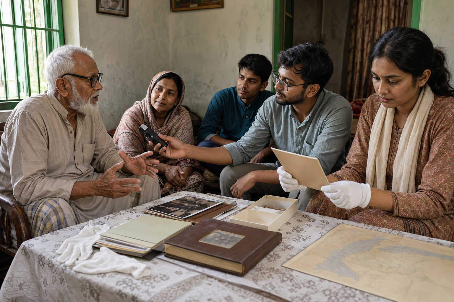 An elderly witness speaks with two researchers who record the interview and preserve family photographs in a village home.