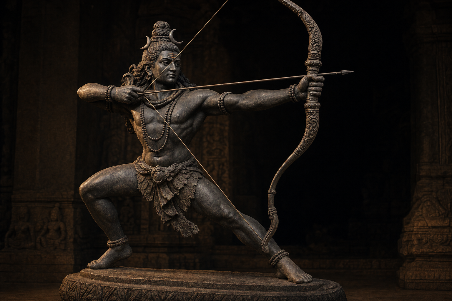 A close three-quarter view of Shiva bracing his legs, turning his torso, and drawing a bow with a single arrow.