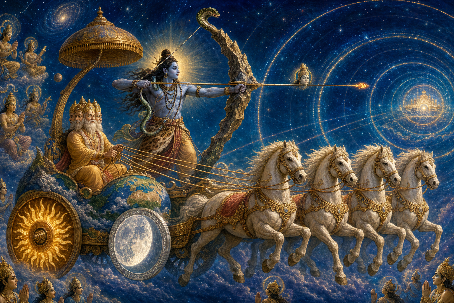 Shiva, Brahma, four horses, radiant chariot wheels, a mountain-like bow, a serpent bowstring, and a luminous arrow form one coordinated scene.