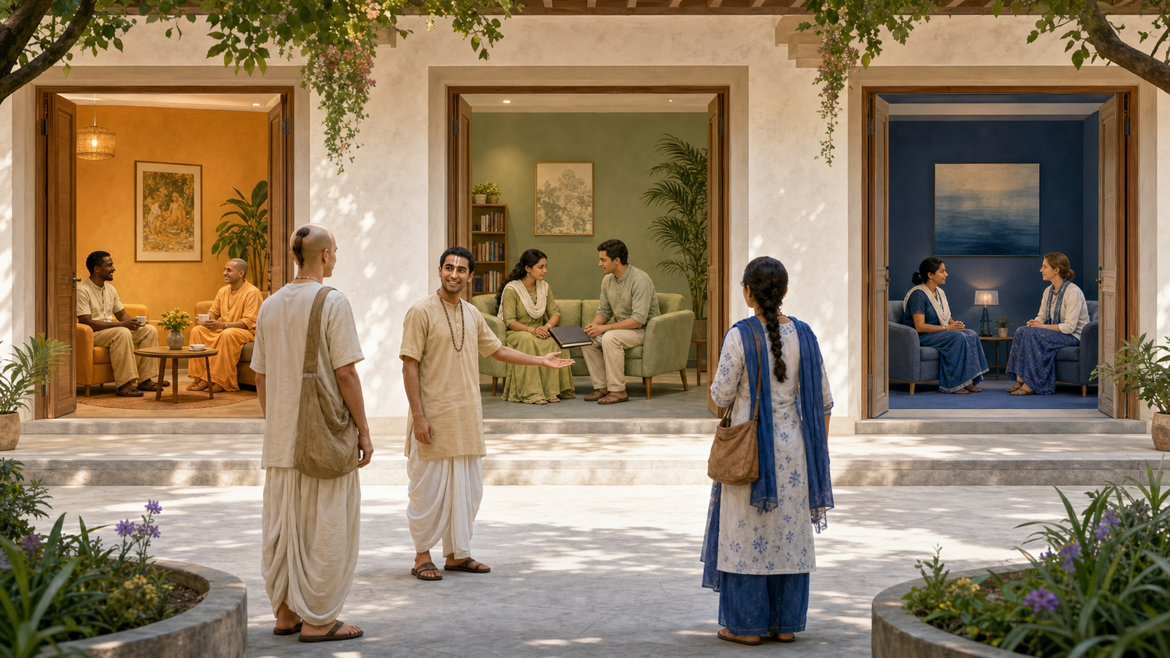 A devotee stands in a community center courtyard where three open doorways lead to pastoral support, a professional consultation, and a private safeguarding meeting.