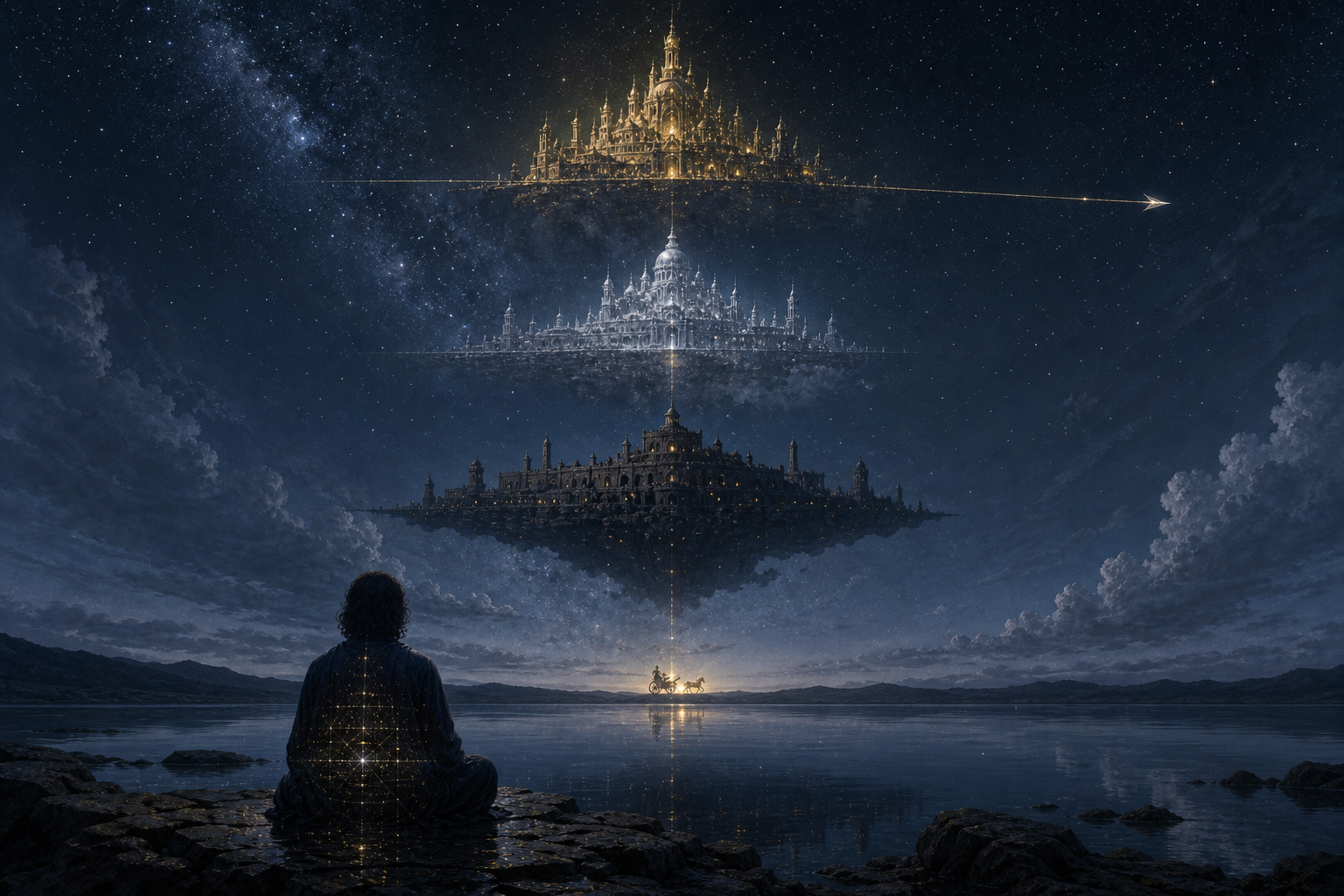 Three differently colored fortified cities align in a twilight sky above a solitary observer and their reflections in still water.