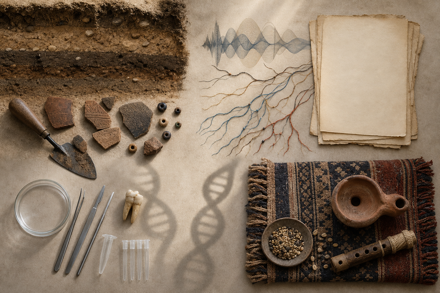 Overhead arrangement of archaeological objects, language motifs, genetic laboratory materials, and heritage objects in four connected work areas.