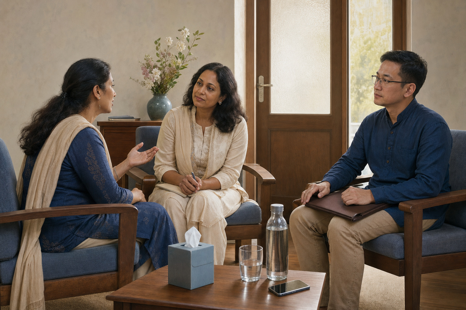 An adult devotee speaks privately with two safeguarding responders in a quiet office arranged for privacy and personal space.