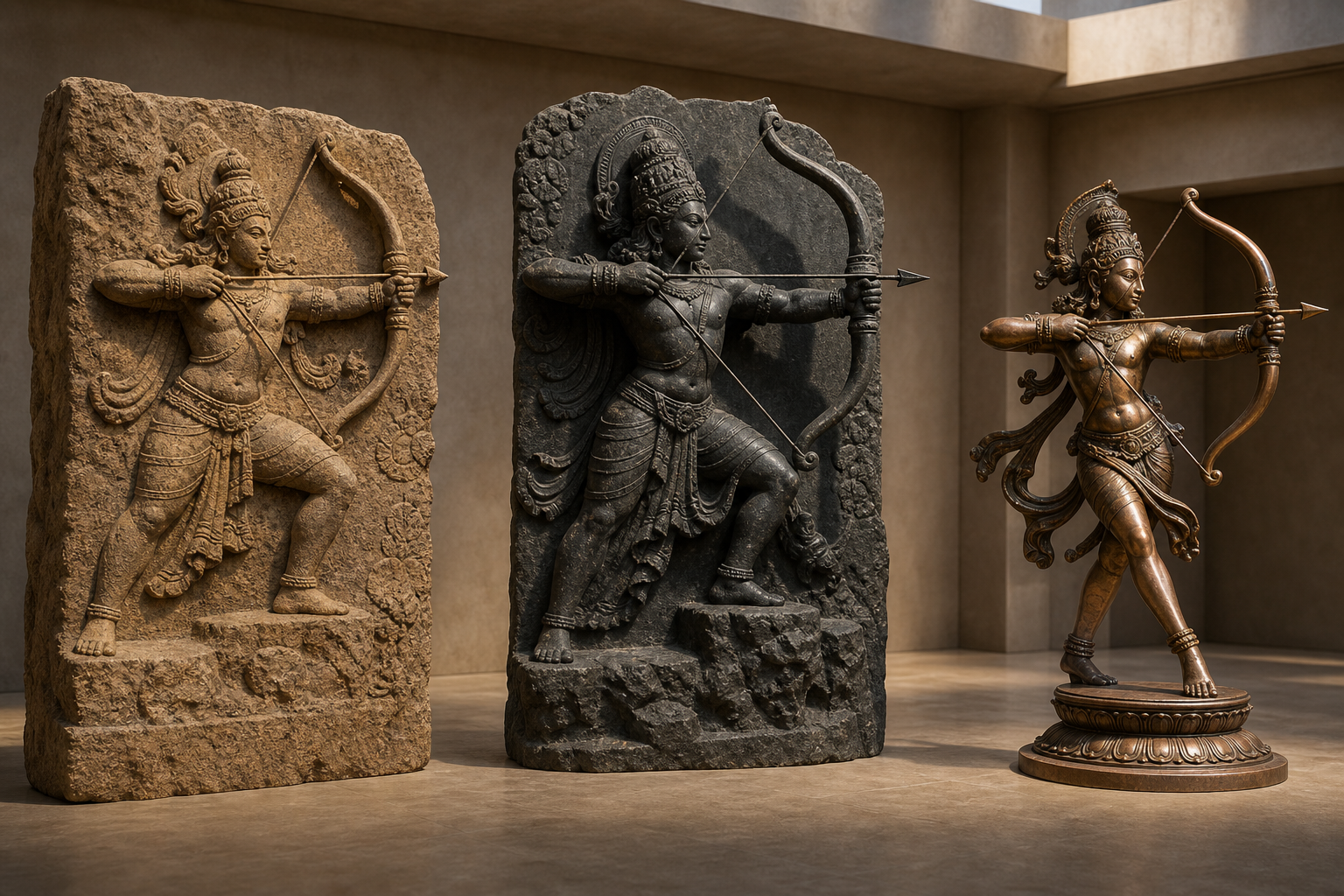 Three invented Tripurantaka sculptures in sandstone, granite, and copper alloy show different archer postures in a quiet gallery.