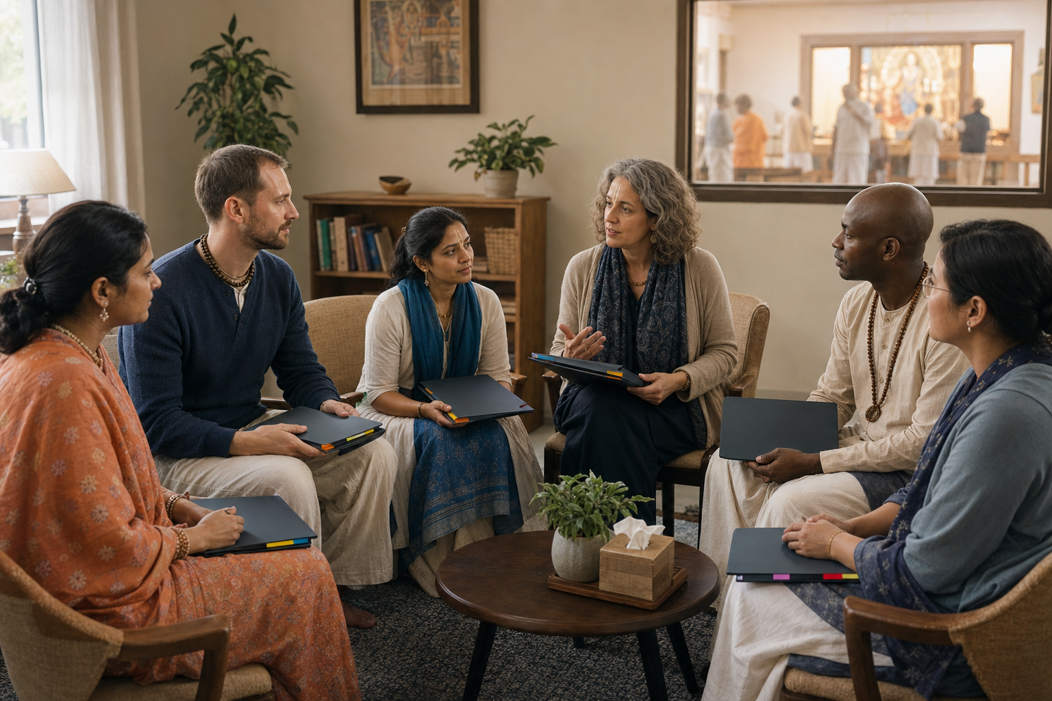A diverse five-person devotee-care team sits in a circle with an external supervisor and closed case folders in a separate meeting room.