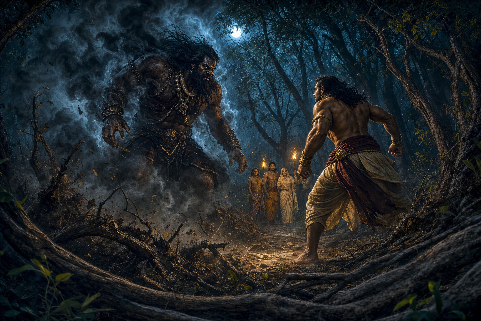 Bhima faces the smoke-wreathed Kirmira on a moonlit forest path while his family waits behind him.