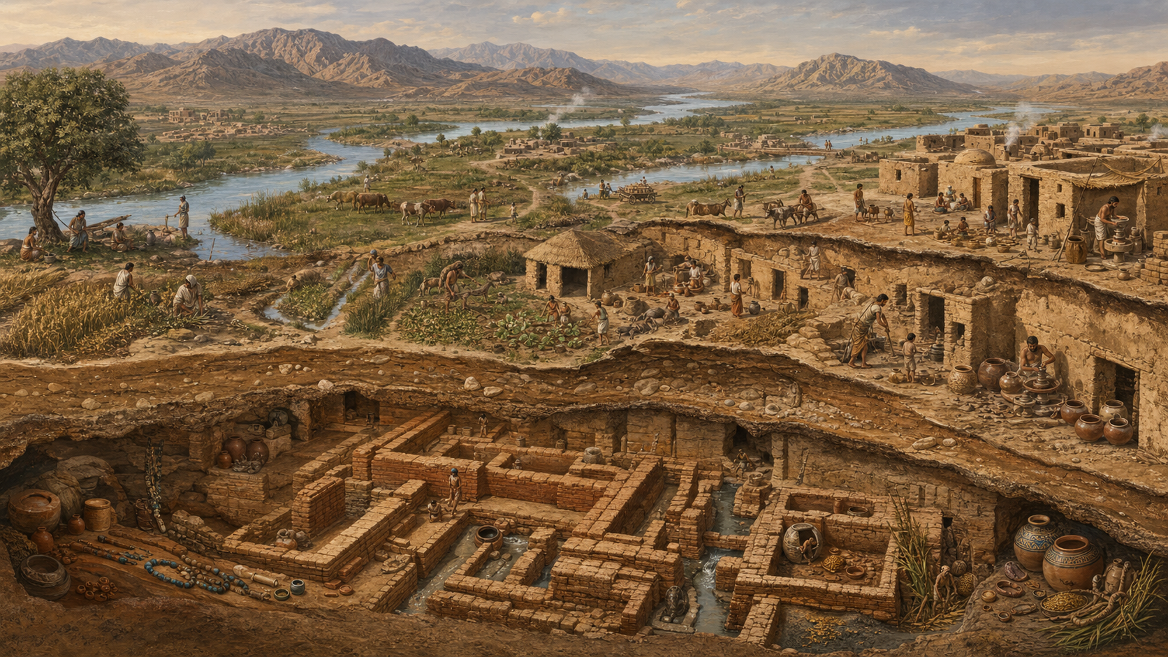 Cutaway view of a river plain with overlapping archaeological layers, from baked-brick urban remains to later villages, farms, and an early historic settlement.