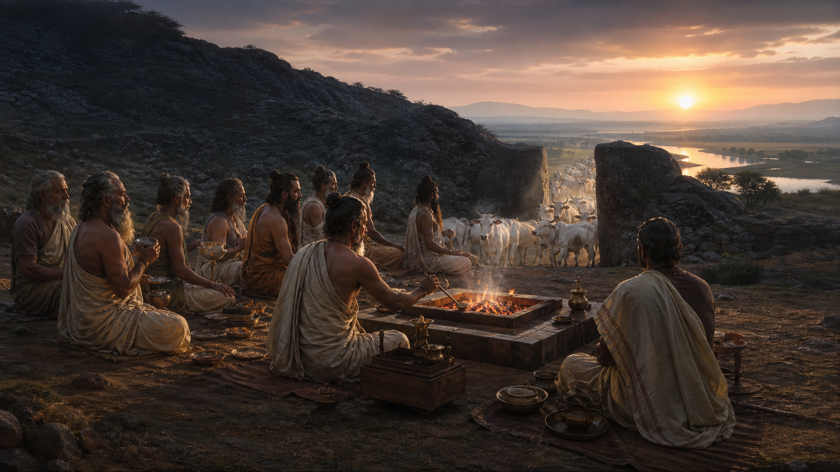 A cohort of Vedic ritual specialists gathers around a fire at dawn as cattle emerge from an opening in a rocky ridge.