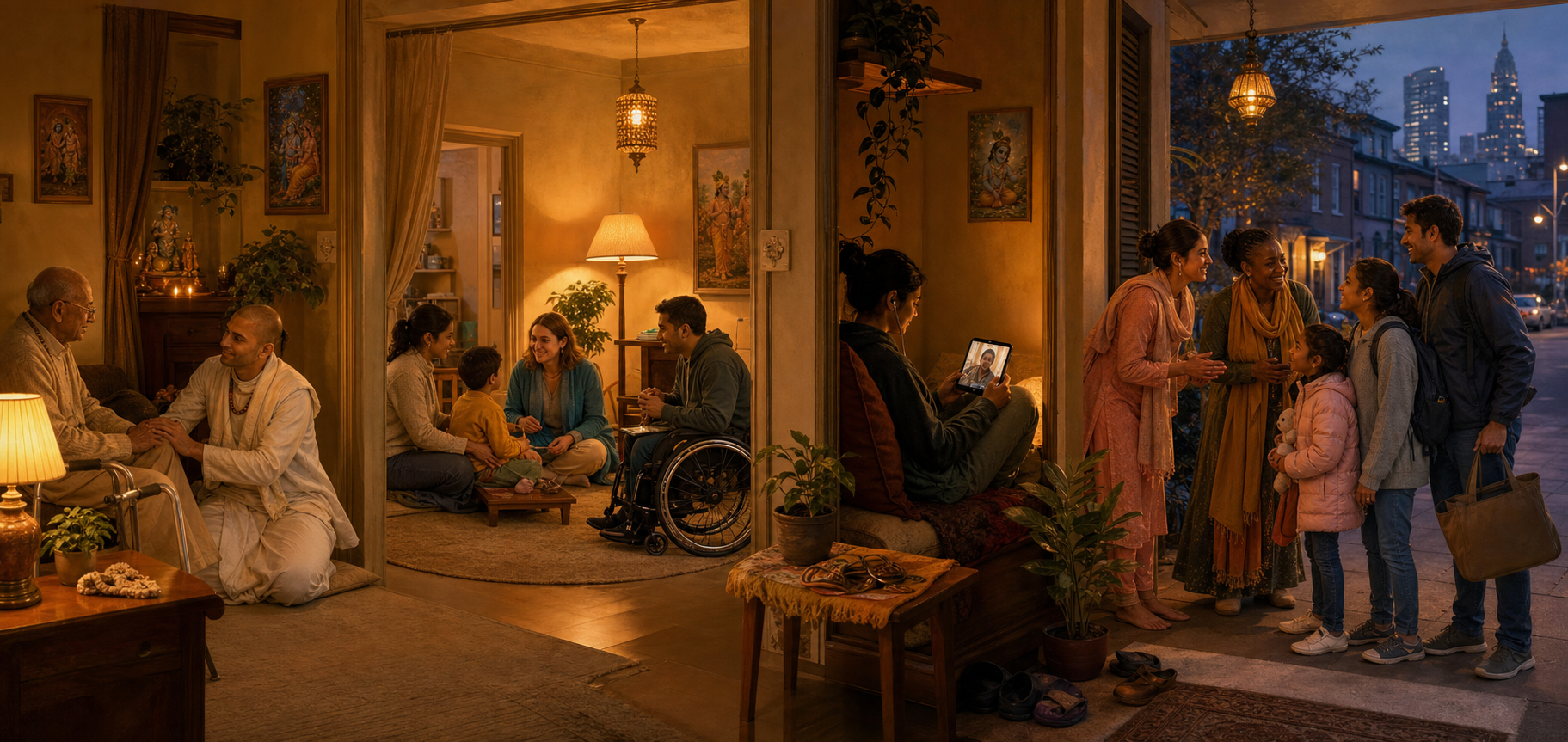 Devotees of different ages, family situations, cultures, and abilities receive support through a home visit, private meeting, video call, and community welcome.