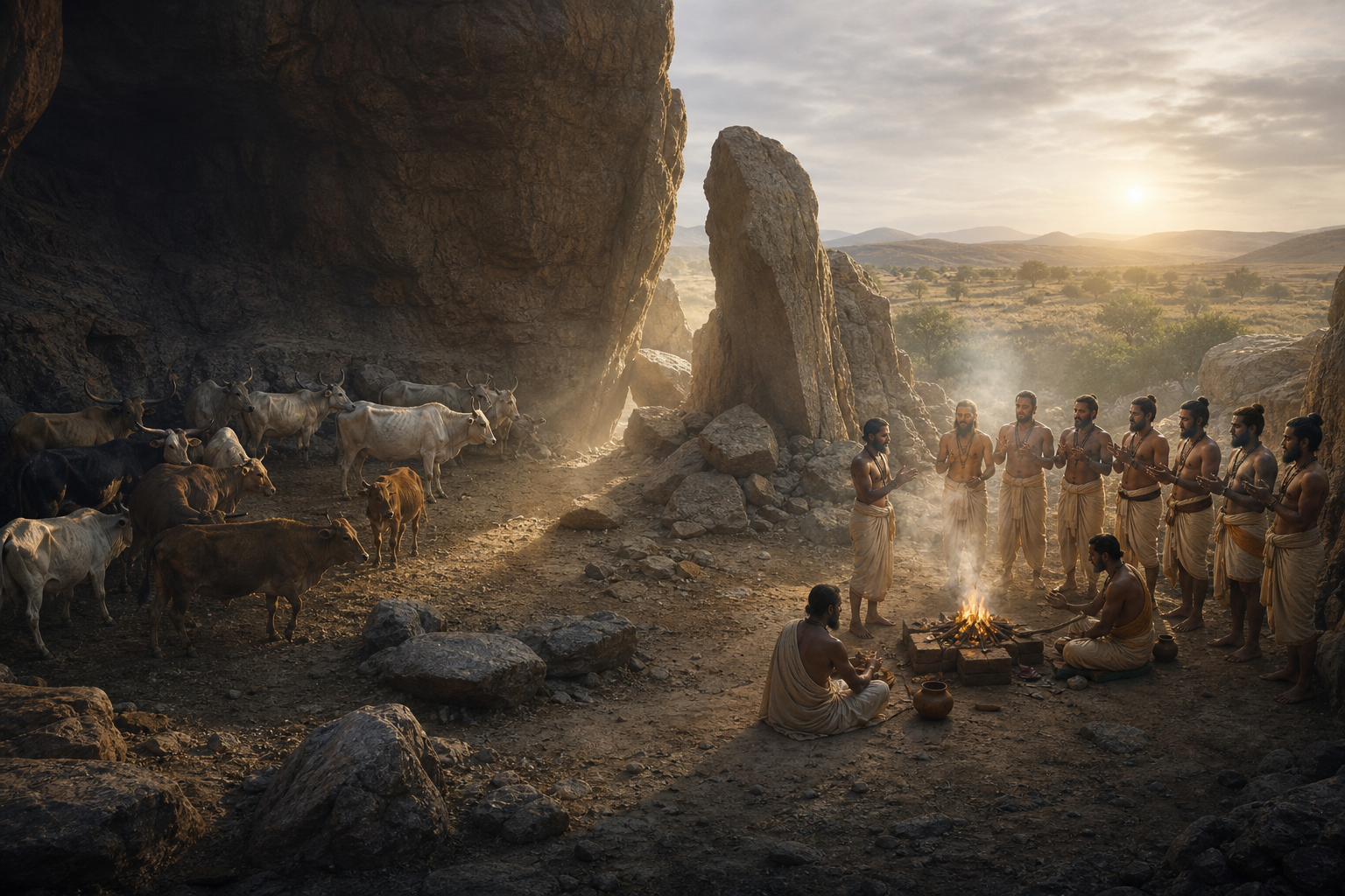 Vedic ritual specialists stand outside a fractured rock enclosure while cattle move from the dark interior into the light of dawn.