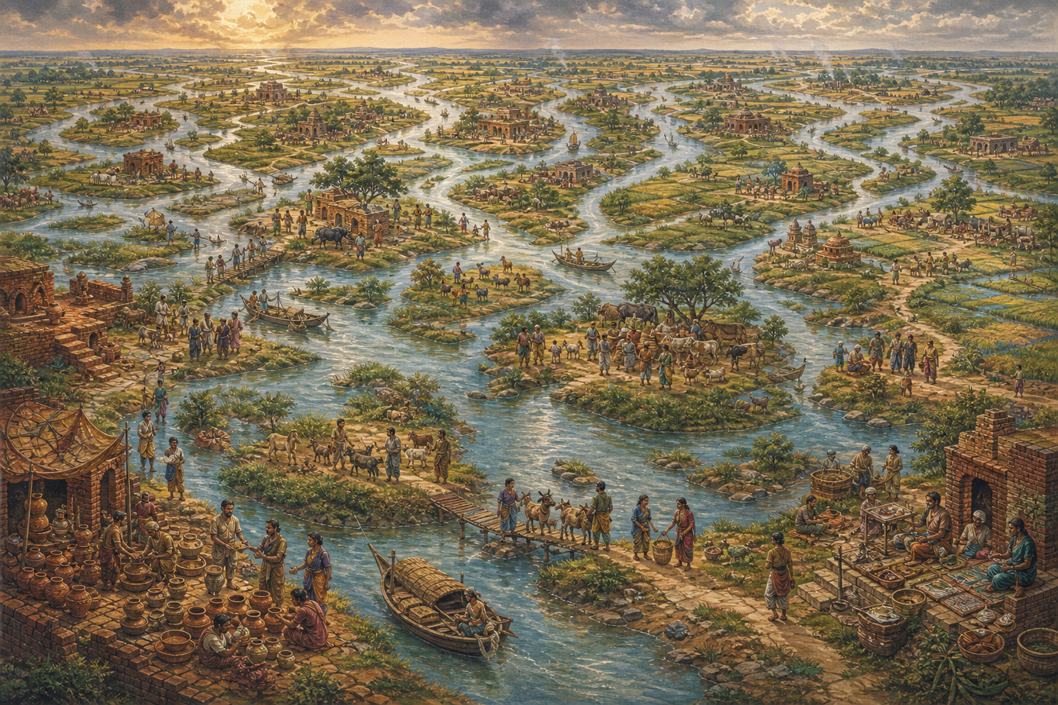 Braided rivers connect settlements, fields, workshops, and groups exchanging goods across a complex floodplain.