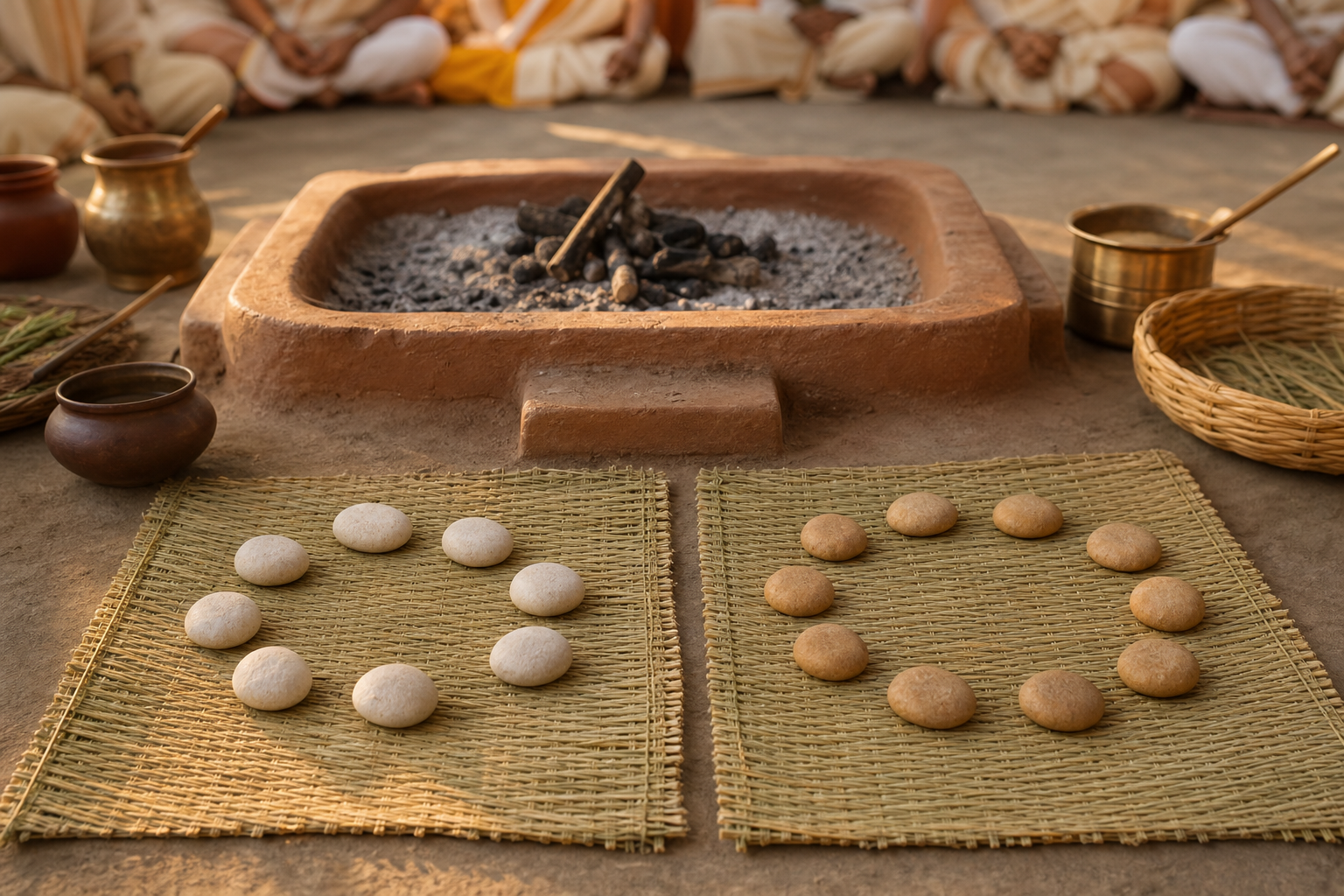 Two grass mats beside a ritual hearth hold separate circular arrangements of nine pale stones and ten ochre stones, with an indistinct priestly group in the background.