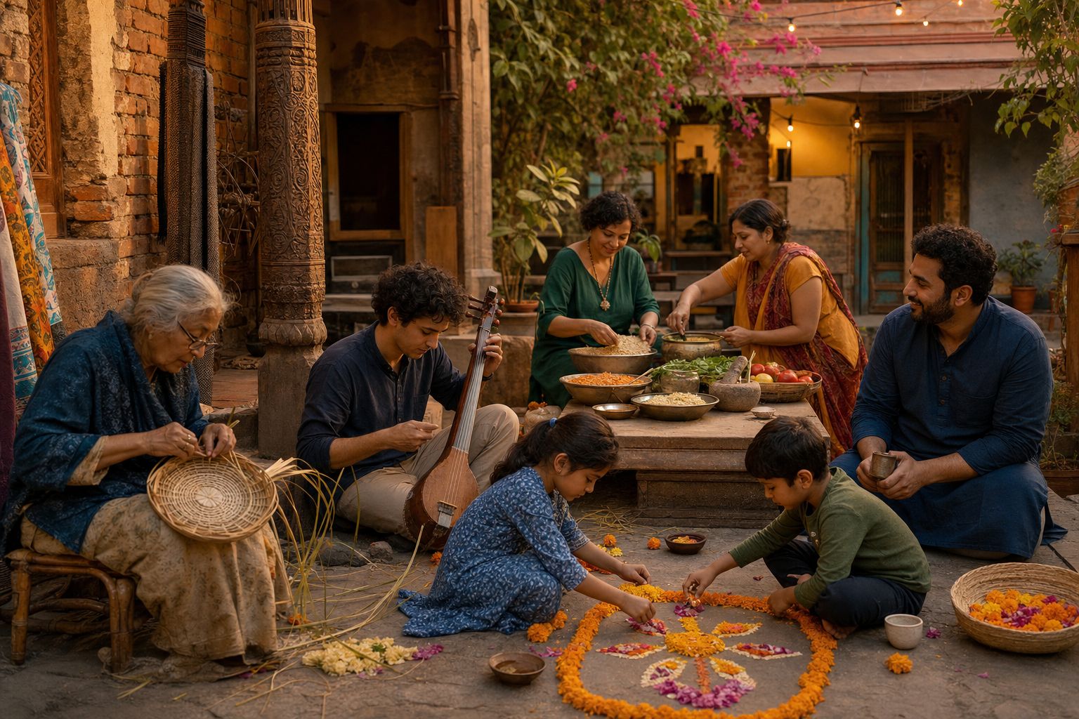 Several generations share food preparation, music, flower arranging, and handcrafts in a warmly lit South Asian courtyard.