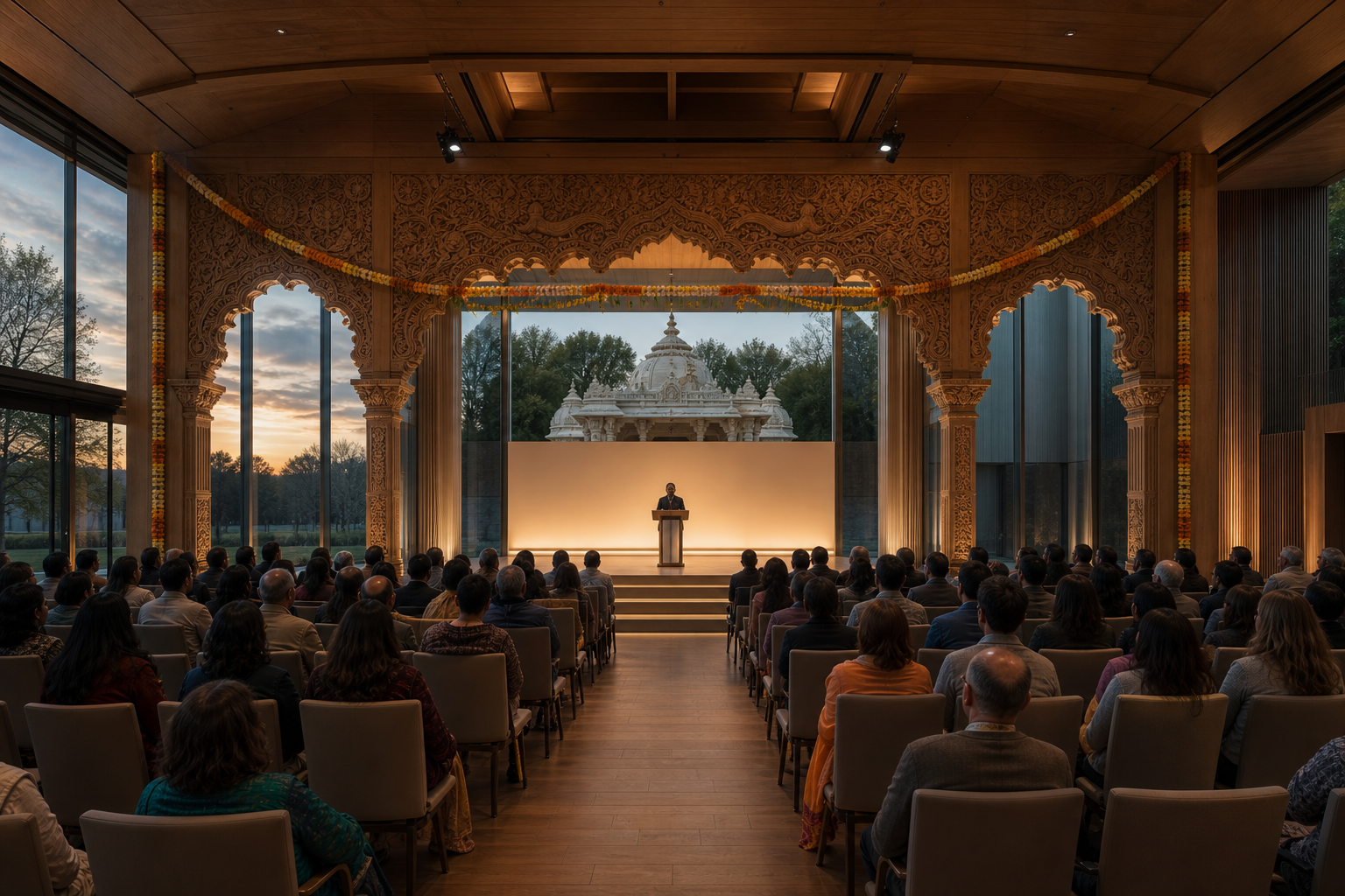 Traditional devotional details and a temple courtyard frame a modern stage with an anonymous speaker and seated audience.