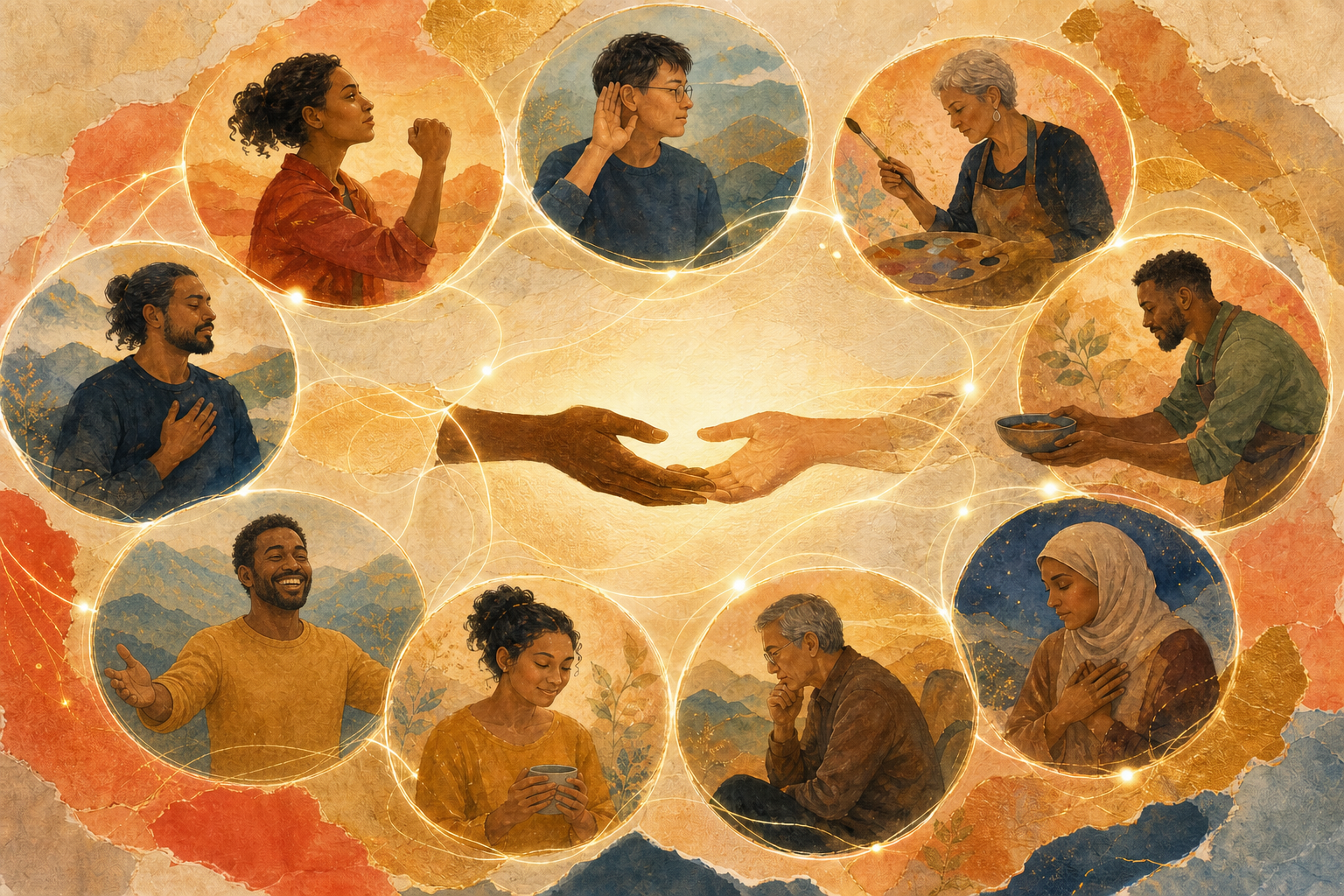 Nine anonymous speakers appear in connected circles around a central image of one pair of hands supporting another.